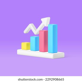 El gráfico de barras de análisis de datos dinamiza la flecha hacia arriba estadística del negocio aumento 3d icono ilustración vectorial realista. Trabajo de productividad de la gestión eficiente analítica del diagrama de gráficos éxito