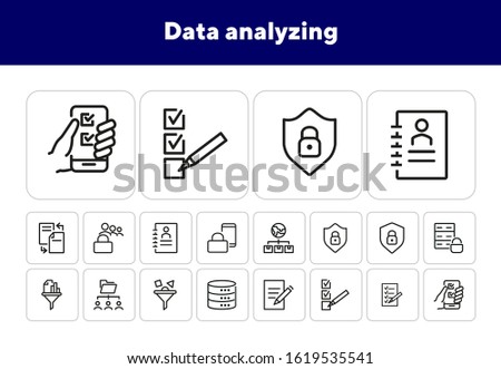 Data analyzing icons. Set of line icons. Copywriting, cylindrical database, data filter. Information analysis concept. Vector illustration can be used for topics like IT, security, computing