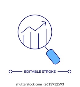 Data analyzing line color icon. Looking at growing chart through magnifying glass. Stock market trends research. Isolated vector illustration. Flat colorful symbol design. Editable stroke
