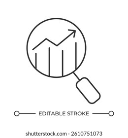 Data analyzing line icon. Looking at growing chart through magnifying glass. Stock market trends research. Isolated vector illustration. Outline symbol. Simple linear drawing. Editable stroke