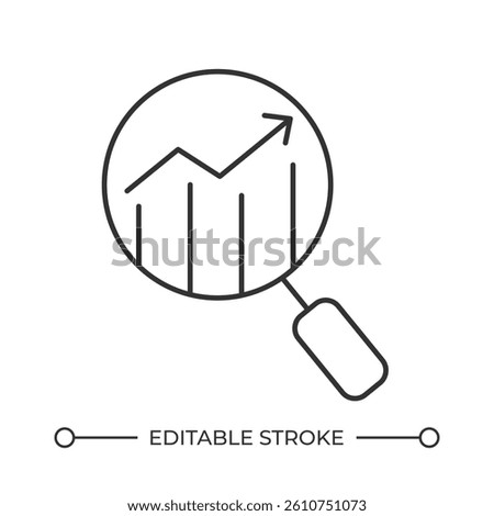 Data analyzing line icon. Looking at growing chart through magnifying glass. Stock market trends research. Isolated vector illustration. Outline symbol. Simple linear drawing. Editable stroke