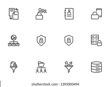 Data analyzing line icon set. Lock, database, shield, filter. Information technology concept. Can be used for topics like data storage, protection, security