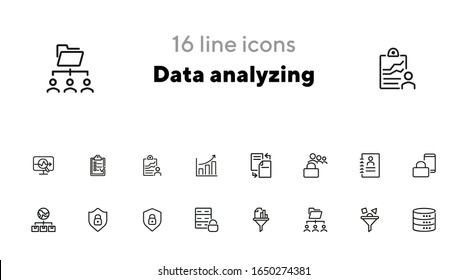 Data analyzing line icon set. Lock, database, shield, filter. Information technology concept. Can be used for topics like data storage, protection, security