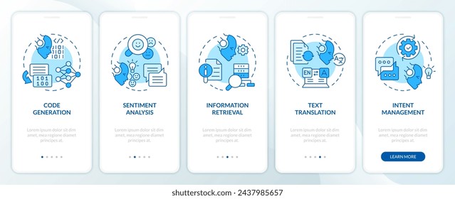 Data application management onboarding mobile app screen. Walkthrough 5 steps editable graphic instructions with linear concepts. UI, UX, GUI template. Myriad Pro-Bold, Regular fonts used