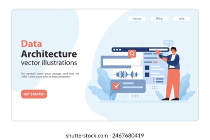 Data Architecture concept. Expert showcases digital structure, emphasizing search, analysis, and verification. Streamlined data management, efficient database design, detailed system overview.
