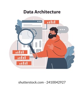 Data architecture inspection concept. Expert scrutinizes web interface, ensuring organized data flow and optimal structure. Strategic planning, systematic arrangement. Flat vector illustration