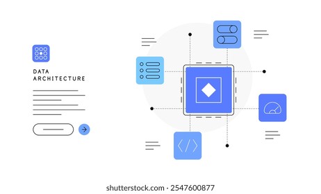 Arquitetura de dados e algoritmos de processamento de dados. Centralização de dados. Elemento infográfico, esquema abstrato. Arquivo vetorial.