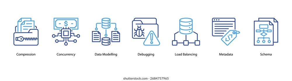 Vektorgrafik des Webbannersymbols der Datenarchitektur mit Komprimierung, Parallelität, Datenmodellierung, Debuggen, Lastenausgleich, Metadaten und Schema.