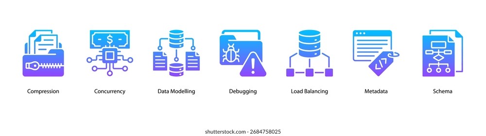 Data Architecture web banner icon vector illustration featuring Compression, Concurrency, Data Modelling, Debugging, Load Balancing, Metadata, and Schema.