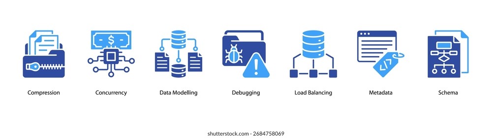 Data Architecture web banner icon vector illustration featuring Compression, Concurrency, Data Modelling, Debugging, Load Balancing, Metadata, and Schema.