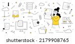 Data archive organization, office documents and files storage. Vector hand drawn illustration of woman sorts and organizes papers. Icons of folders, digital information in computer and cloud