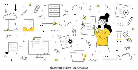 Data archive organization, office documents and files storage. Vector hand drawn illustration of woman sorts and organizes papers. Icons of folders, digital information in computer and cloud