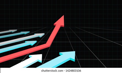 Data arrows on a grid with copy space. Black background. Growth digital success concept.