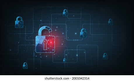 Data attacks.Visualization of cyber attacks With Padlock  destroyed on dark blue background.Cyber attack and Information leak concept.Vector illustration.