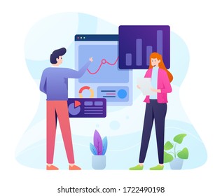 Data Audit Illustration with Statistician Analyze Graph for Business Report as a Concept. This illustration can be use for website, landing page, web, app, and banner.