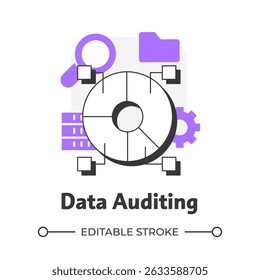 Data auditing flat outline concept icon. Tracking changes algorithms. Data lake key. Software for automation. Modern line illustration with purple glyphs. Conceptual visual. Easy to edit