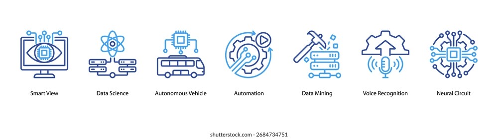 Data and Automation web banner icon vector illustration featuring Smart View, Data Science, Autonomous Vehicle, Automation, Data Mining, Voice Recognition, and Neural Circuit.