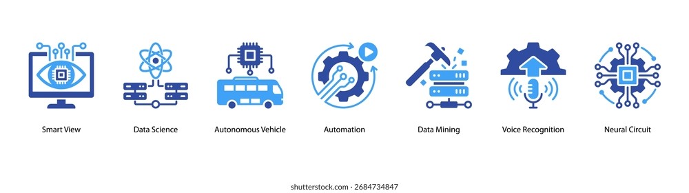 Data and Automation web banner icon vector illustration featuring Smart View, Data Science, Autonomous Vehicle, Automation, Data Mining, Voice Recognition, and Neural Circuit.
