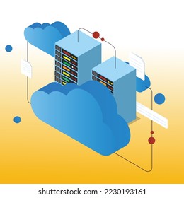 Data backup between server using cloud technology isometric 3d vector illustration concept for banner, website, illustration, landing page, flyer, etc.