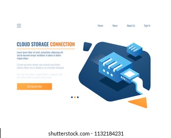 Data backup, cloud storage of clone data system, file warehouse service, plugin at network server room and datacenter isometric vector illustration