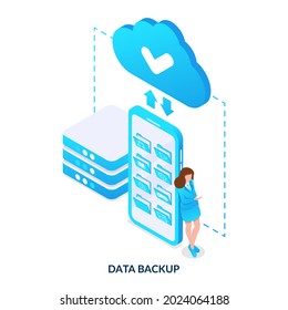 Data backup concept. Cloud storage. Isometric vector illustration on white background