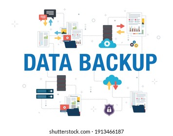 Data backup concept with icon design in vector on white background. Vector icons of server, cloud computing, document files, database and transfer.