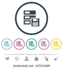 Data backup flat color icons in round outlines. 6 bonus icons included.