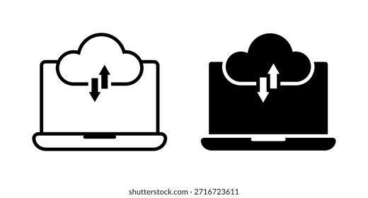 Symbolsatz für die Datensicherung.  Illustration eines Laptops mit einer Cloud darüber, die Datenübertragung und Cloud Computing symbolisiert. perfekt für technologiebezogene Designs. Vektorgrafik auf weißem Hintergrund.
