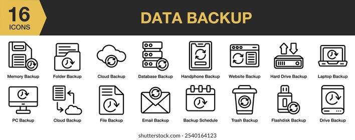 Conjunto de ícones do Data Backup. Inclui e-mail, arquivo, disco flash, memória, lixo, site e muito mais. Contornar coleção de vetores de ícones.