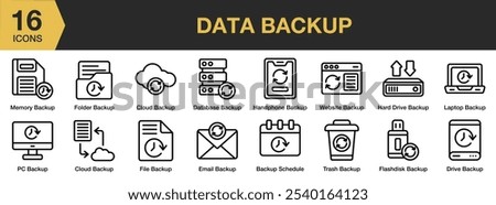 Data Backup icon set. Includes email, file, flashdisk, memory, trash, website, and More. Outline icons vector collection.