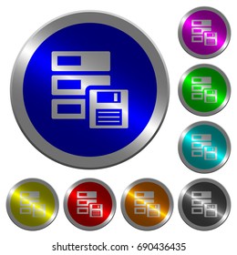 Data backup icons on round luminous coin-like color steel buttons