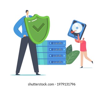 Data Backup Modern Technologies, Raid Concept. Tiny Programers Characters with Shield and Hard Disk at Huge Computer Block in Server Room, Digital Data Protection. Cartoon People Vector Illustration