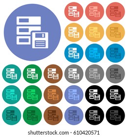 Data backup multi colored flat icons on round backgrounds. Included white, light and dark icon variations for hover and active status effects, and bonus shades on black backgounds.