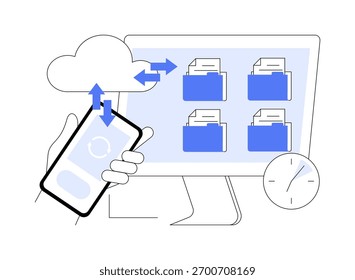 Ilustrações isoladas do vetor de desenhos animados de backup e recuperação de dados. Faça backup de dados em diferentes gadgets, tecnologia de TI, indústria de computação, prática de segurança cibernética, cartum vetorial de segurança de informações.