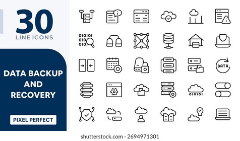 Data Backup and Recovery line icon set. Cloud storage, database, server, file restore, synchronization, protection, data transfer, security, network, vector outline icons. Editable stroke