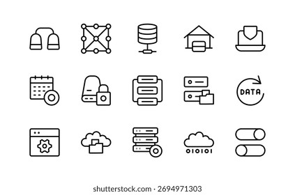 Conjunto de ícones da linha Data Backup and Recovery. Armazenamento em nuvem, banco de dados, servidor, restauração de arquivos, sincronização, proteção, transferência de dados, segurança, rede, ícones de tópicos vetoriais. Traçado editável