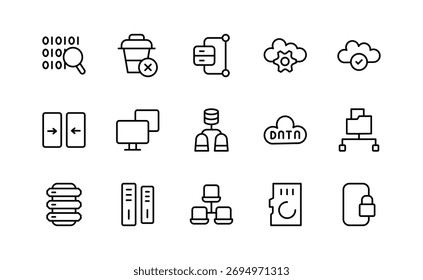 Conjunto de iconos de línea de copia de seguridad y recuperación de datos. Almacenamiento en la nube, base de datos, servidor, restauración de archivos, sincronización, protección, transferencia de datos, seguridad, red, iconos de esquema de Vector. Trazo editable