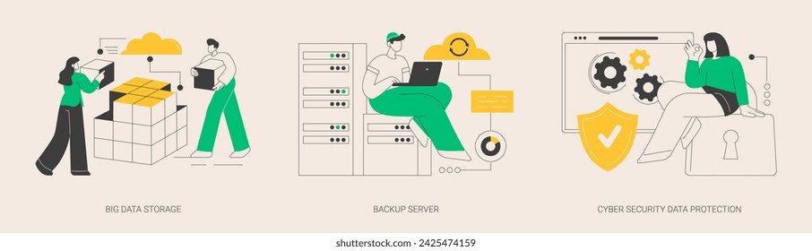 Data backup software abstract concept vector illustration set. Big data storage, backup server, cyber security data protection, remote server, protection from cyberattack abstract metaphor.