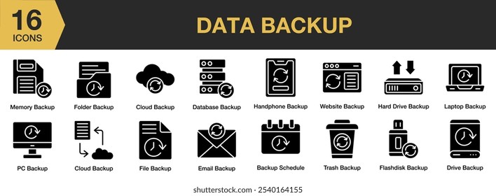 Data Backup solid icon set. Includes backup schedule, cloud, database, drive, and More. Solid icons vector collection.