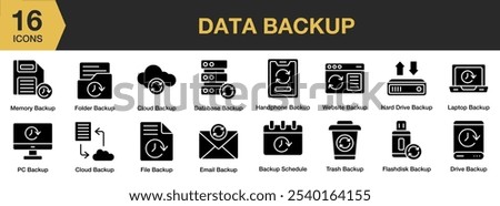 Data Backup solid icon set. Includes backup schedule, cloud, database, drive, and More. Solid icons vector collection.