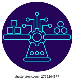 Icono de equilibrio de datos. Borde de neón minimalista sobre un fondo redondo azul oscuro. Una Ilustración vectorial elegante de una escala con diferentes tipos de datos equilibrados por un engranaje y un circuito digitales, que simboliza la ponderación inteligente de características, el equilibrio de clases y la prevención de sesgos en el aprendizaje automático