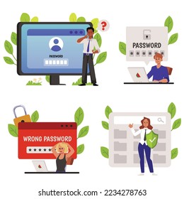 Sistema de seguridad de datos y cuentas bancarias con un conjunto de caracteres y símbolos protegidos por contraseña, ilustración vectorial de dibujos animados planos aislados en fondo blanco.