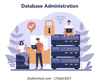 Data base administrator concept. Female and male character working at data center. Modern computer technology, IT profession idea. Isolated vector illustration
