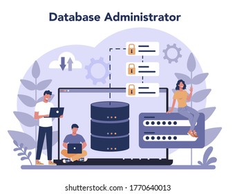 Data base administrator concept. Female and male character working at data center. Modern computer technology, IT profession idea. Isolated vector illustration