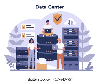 Data base administrator concept. Female and male character working at data center. Modern computer technology, IT profession idea. Isolated vector illustration