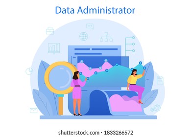 Data base administrator concept. Female and male character working at data center. Modern computer technology, IT profession idea. Isolated vector illustration