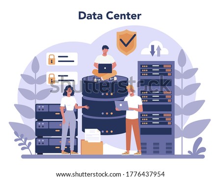 Data base administrator concept. Female and male character working at data center. Modern computer technology, IT profession idea. Isolated vector illustration