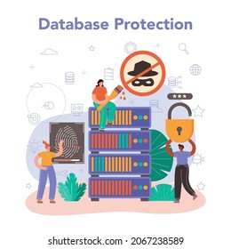 Data base administrator concept. Manager working at data center. Data protection, backup and restore. Modern computer technology, IT profession. Flat vector illustration