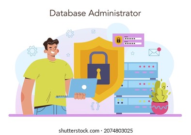 Data base administrator concept. Manager working at data center. Data protection, backup and restore. Modern computer technology, IT profession. Flat vector illustration
