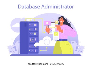 Data base administrator concept. Manager working at data center, maintaining servers work. Data protection, backup and restore. Modern computer technology. Flat vector illustration